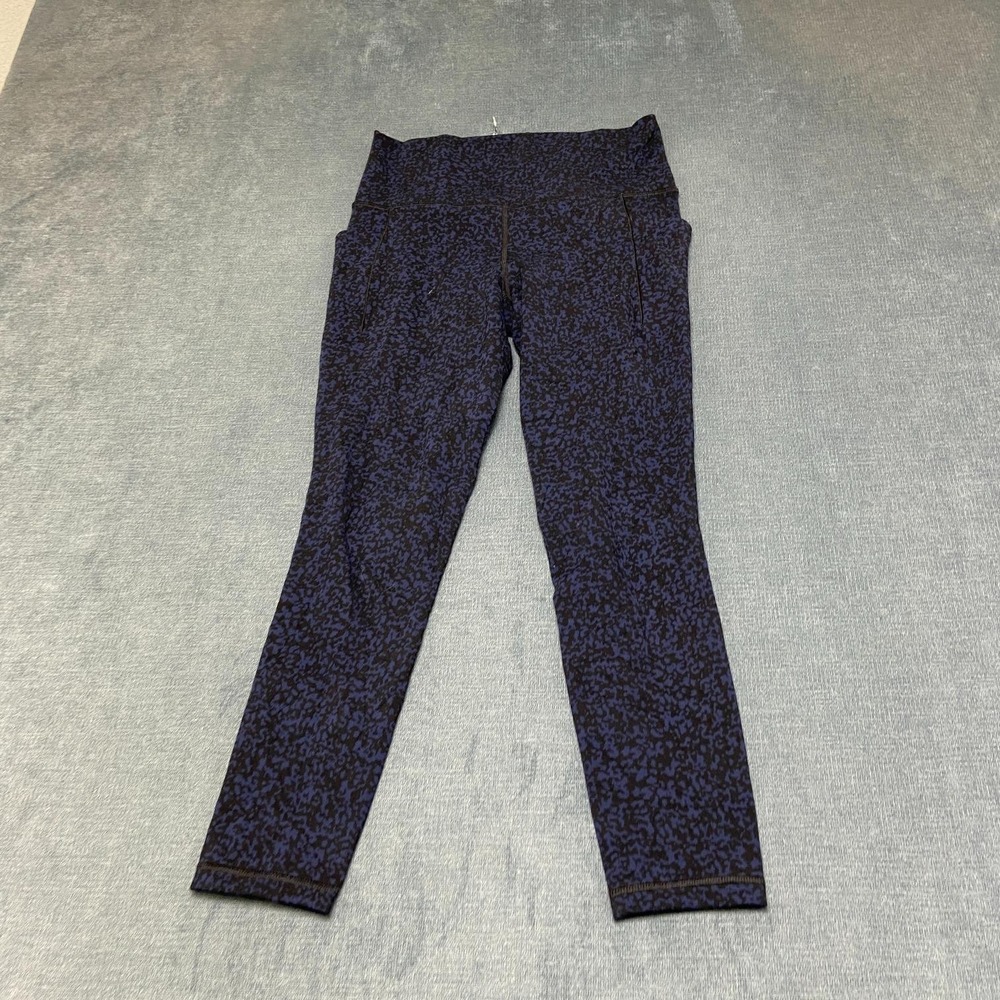 Athleta Salutation Leggings Womens S Blue Leopard Print Stash Pocket Gravel Crop